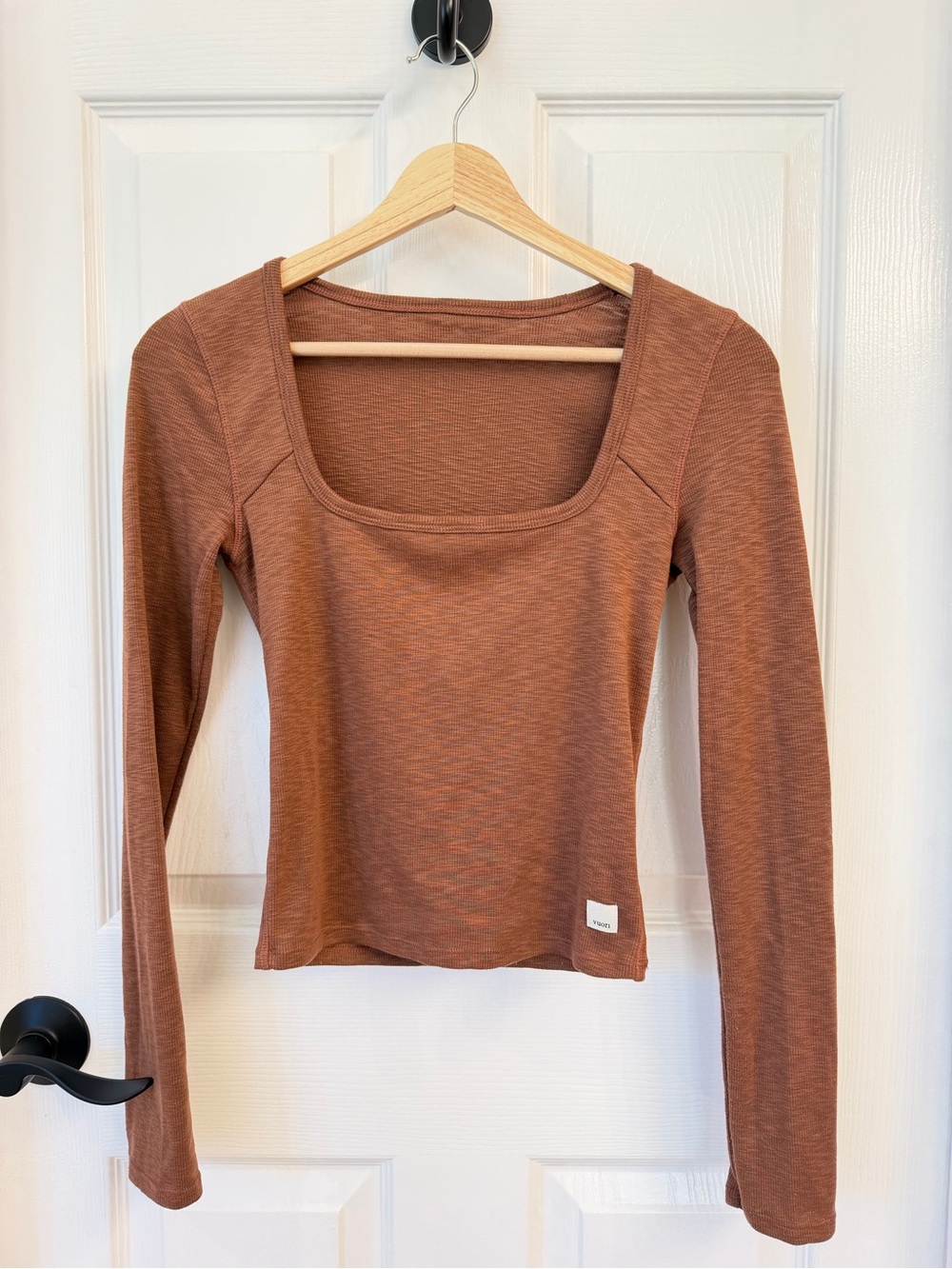 Vuori Long-Sleeve Square Neck Top in Rust